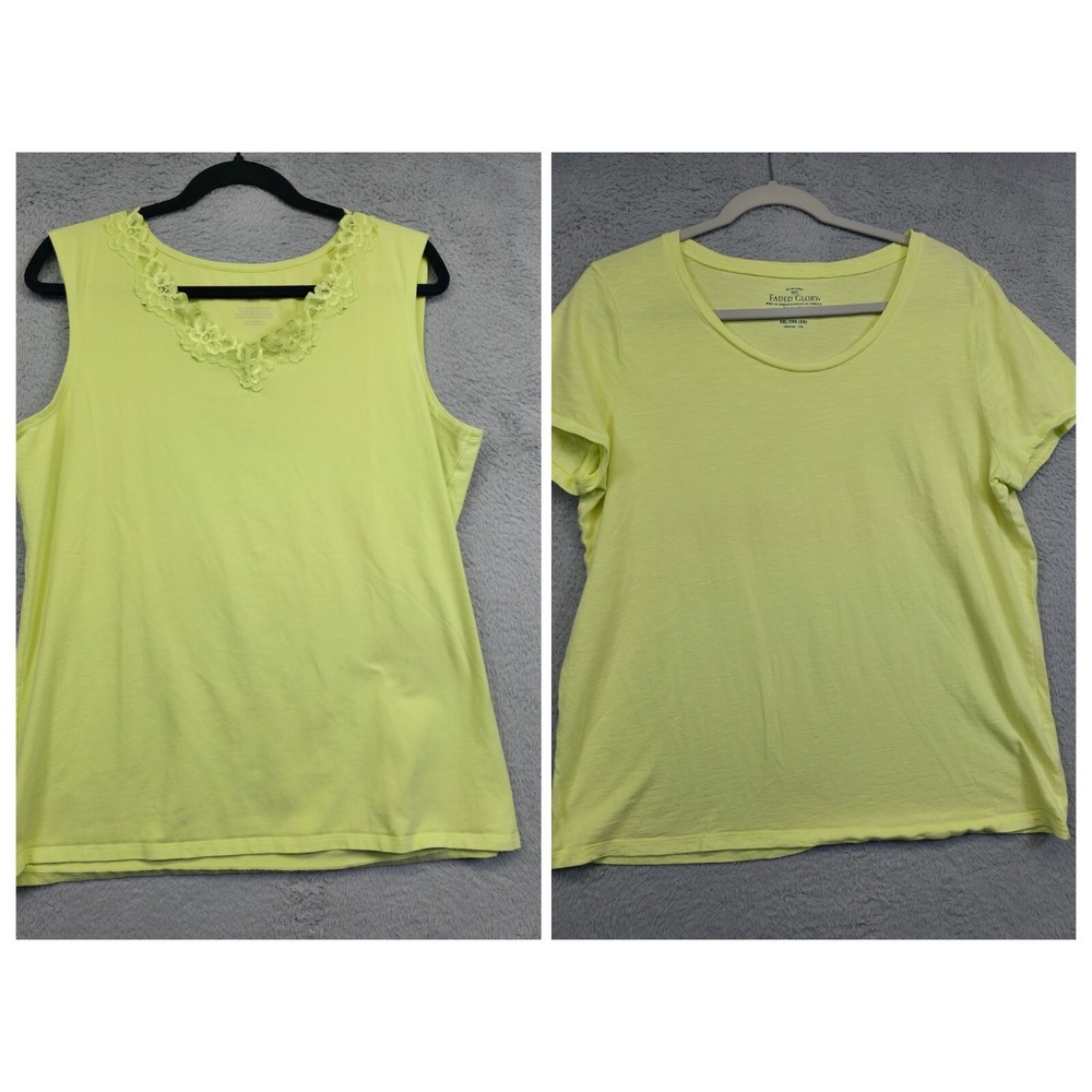 Faded Glory Top Lot of 2 Womens 2XL Yellow Green Floral Knit Tee Lace Trim Tank